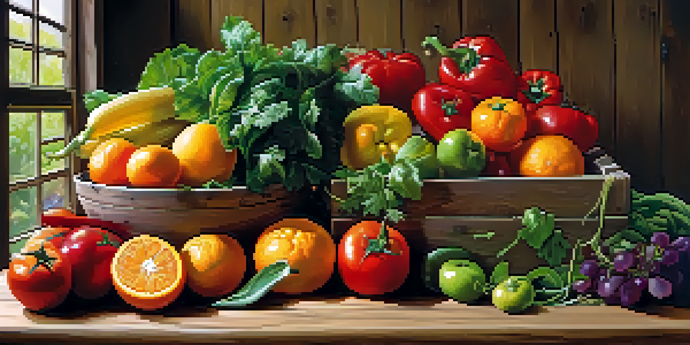 A colorful arrangement of raw fruits and vegetables on a wooden table, illuminated by soft natural light.