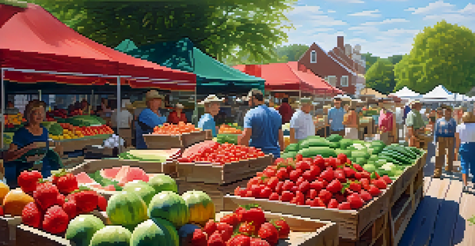 A lively summer farmer's market filled with colorful fruits and vegetables, showcasing fresh produce and sunlight.