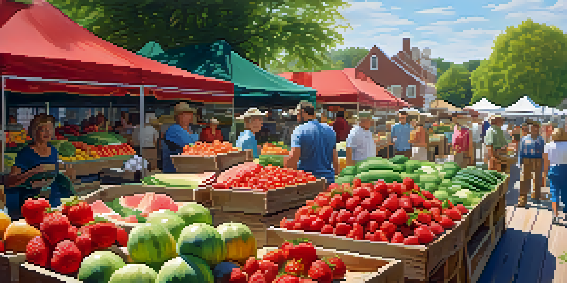 A lively summer farmer's market filled with colorful fruits and vegetables, showcasing fresh produce and sunlight.