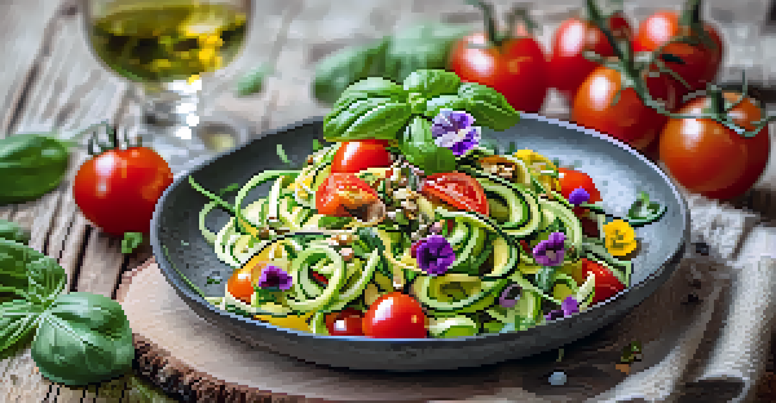 A colorful raw food salad with zucchini noodles, cherry tomatoes, and edible flowers, presented on a rustic wooden background.