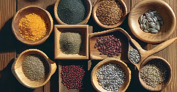 A close-up view of various seeds like chia, flax, pumpkin, and sunflower seeds in wooden bowls on a rustic table, illuminated by sunlight.