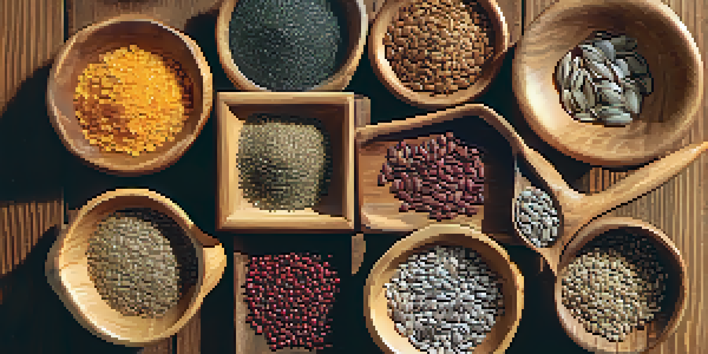 A close-up view of various seeds like chia, flax, pumpkin, and sunflower seeds in wooden bowls on a rustic table, illuminated by sunlight.