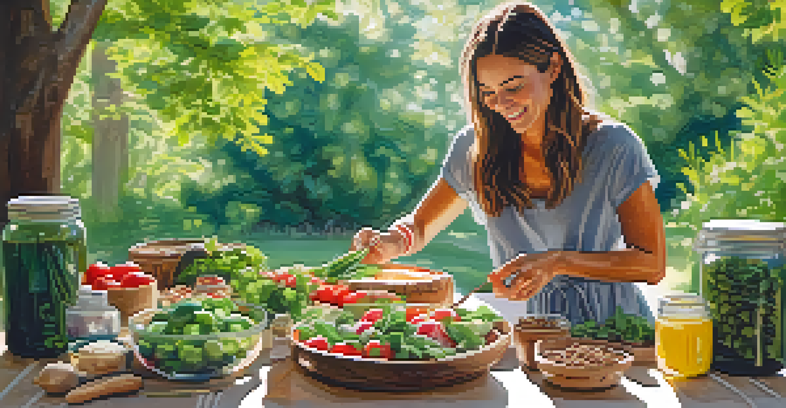 A person preparing a raw vegan dish at a picnic table surrounded by fresh produce and greenery, conveying a healthy lifestyle.