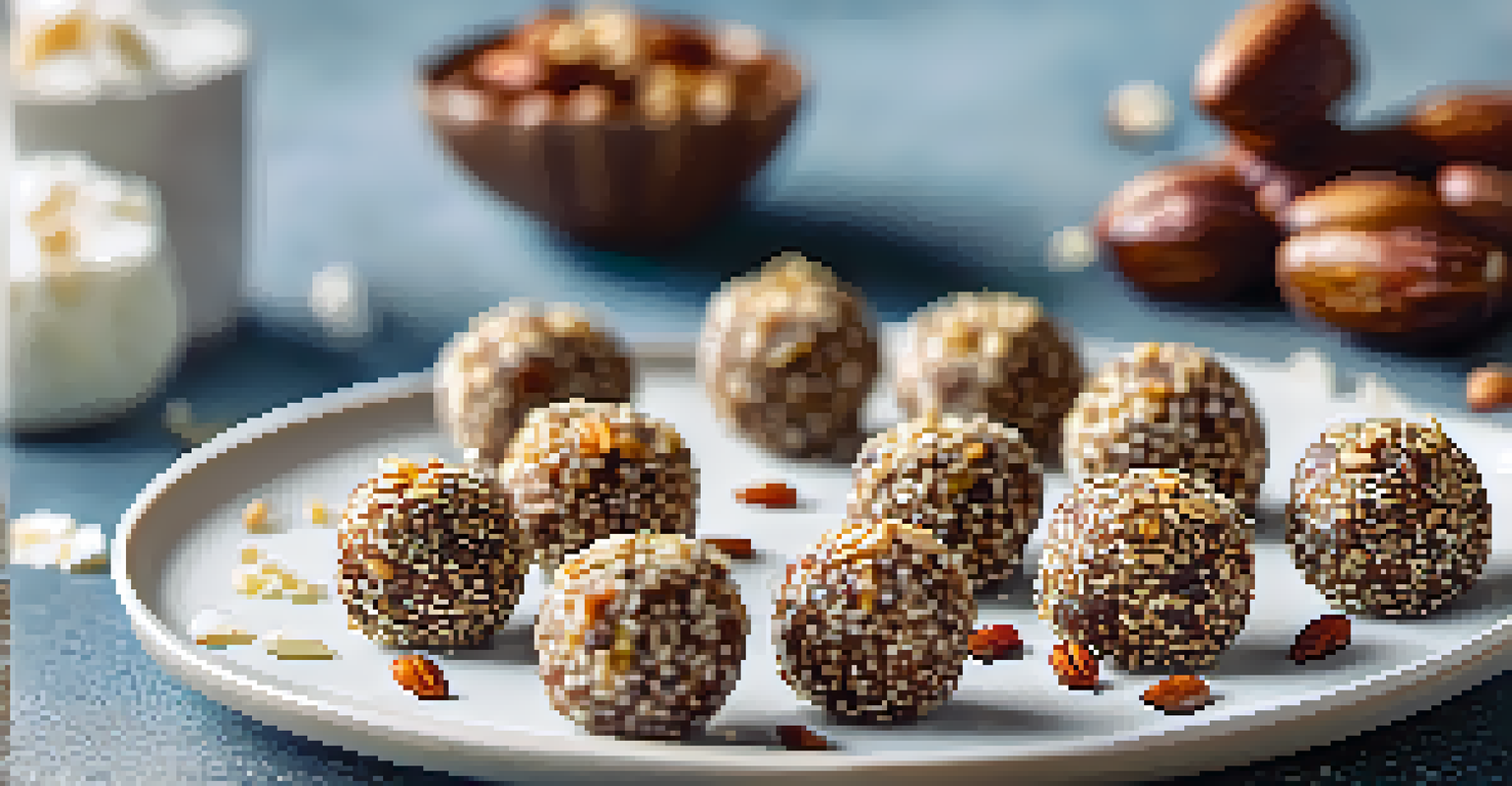 Close-up of homemade energy bites made from nuts and chia seeds on a white plate, with coconut flakes.