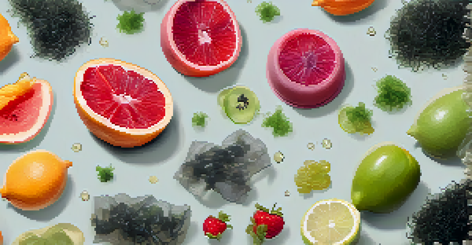 Fresh fruits wrapped in transparent edible packaging made from seaweed, emphasizing the vibrant colors of the fruit against a soft neutral background.
