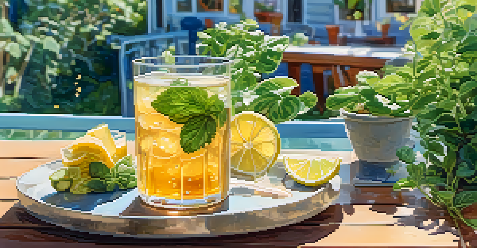 A glass of kombucha with lemon and mint on a sunny patio table, accompanied by plates of fermented snacks in a vibrant outdoor setting.