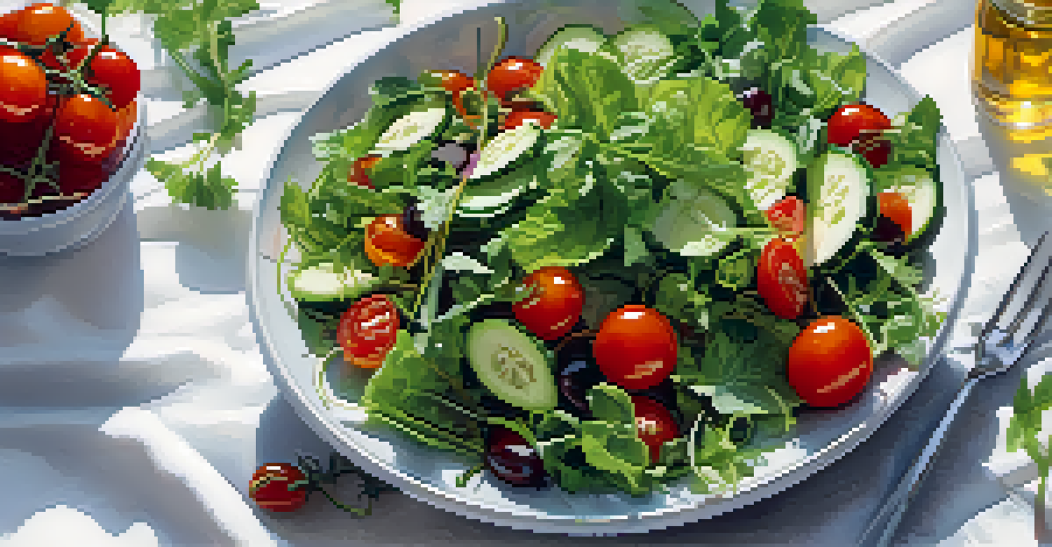 A close-up view of a colorful raw salad bowl with mixed greens, cherry tomatoes, and cucumbers, set on a white tablecloth with a fork.