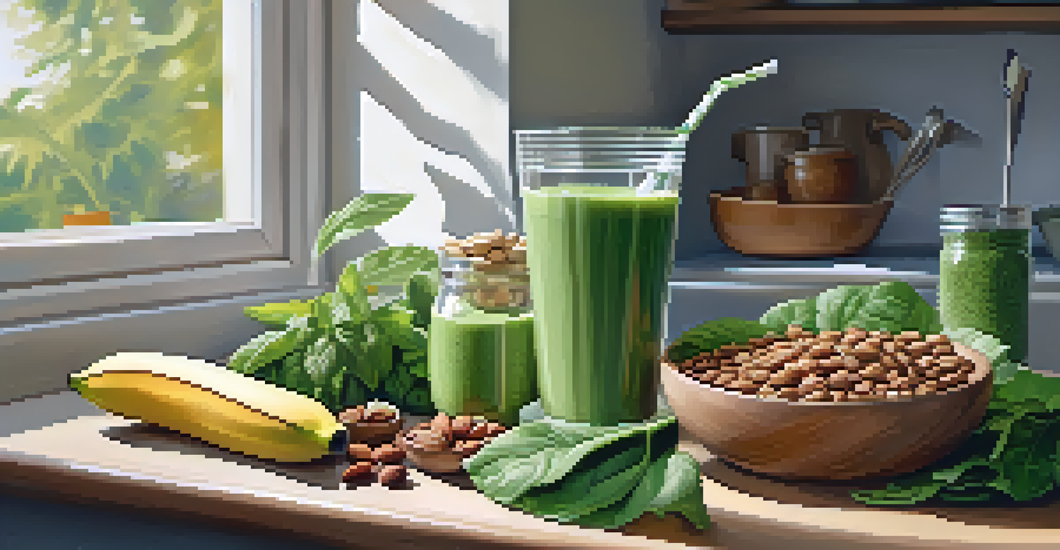 A green smoothie in a glass next to a bowl of nuts and seeds in a sunlit kitchen.