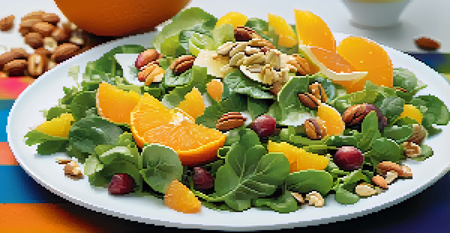 A vibrant raw food salad with greens, citrus fruits, and nuts on a white plate.