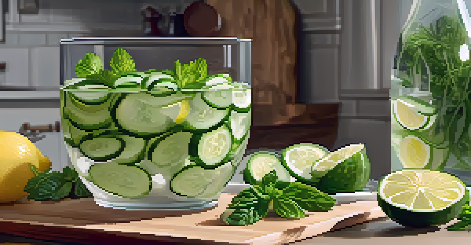 A cucumber salad in a clear glass bowl next to a glass of lemon-infused water on a kitchen countertop, surrounded by whole cucumbers.