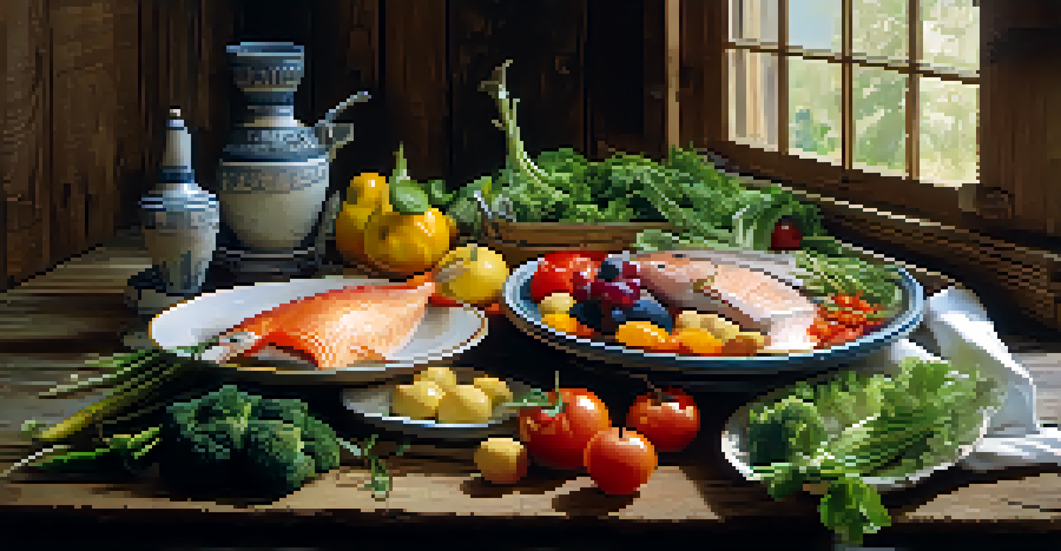 A rustic table set with a raw omnivorous meal, including vegetables, fresh fish, and fruits, illuminated by natural light.