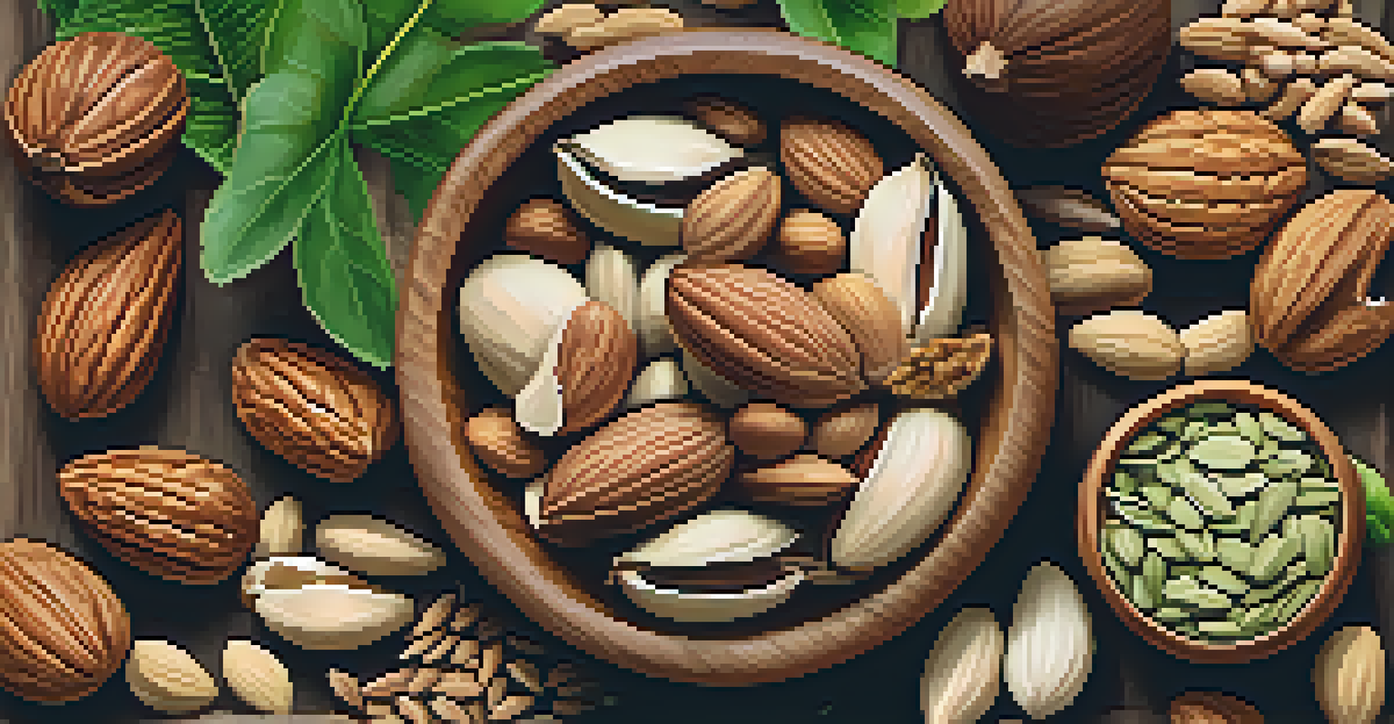 A wooden bowl filled with various raw nuts and seeds, such as walnuts and almonds, with a leafy background.
