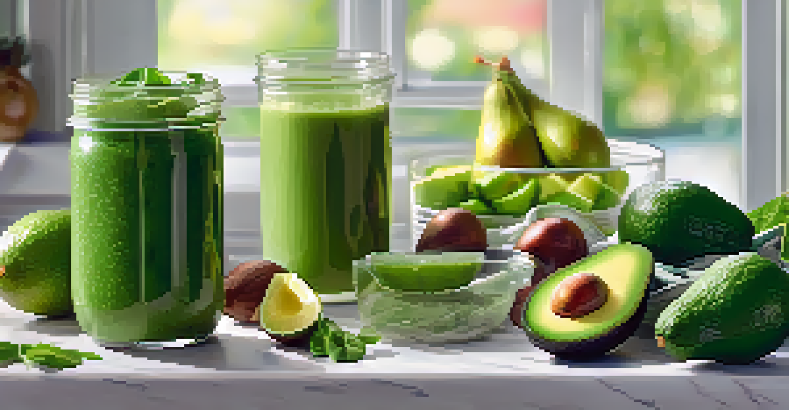 A close-up of a green smoothie in a jar with fresh spinach, avocado, and lime on a sunny kitchen background.