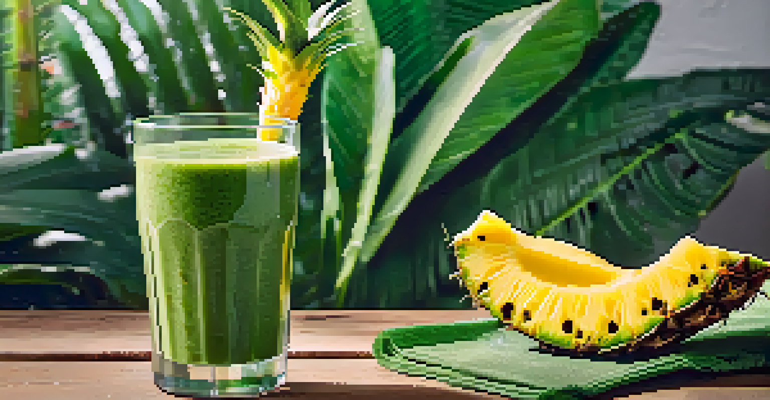 A tall glass of tropical green smoothie topped with a slice of pineapple and shredded coconut, set against a backdrop of tropical plants and soft sunlight.