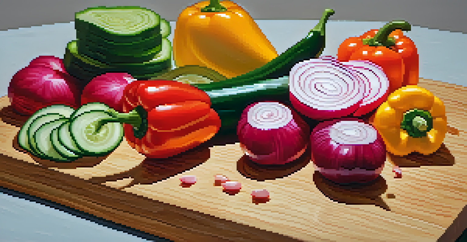 An artistic display of sliced raw vegetables, including radishes, bell peppers, and cucumber spirals, arranged on a wooden cutting board with a blurred background.