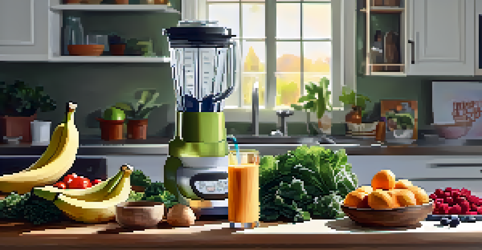 A bright kitchen scene with a blender and fresh raw ingredients, showcasing a healthy smoothie preparation.