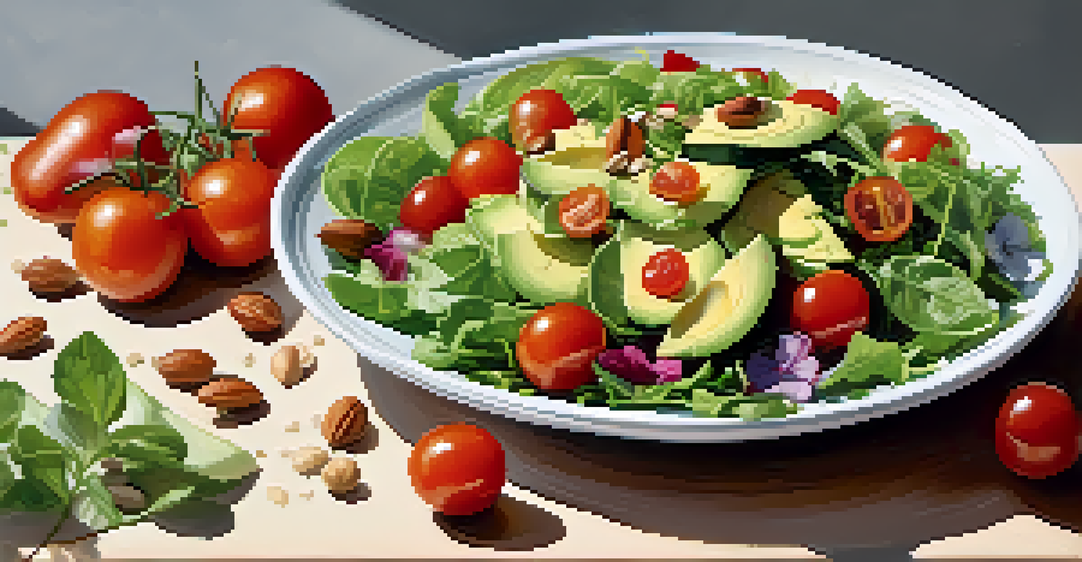 A raw food salad made from mixed greens, cherry tomatoes, and avocado, beautifully arranged on a kitchen counter.