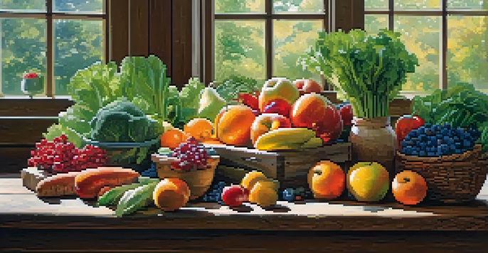 A variety of fresh raw fruits and vegetables arranged on a wooden table, illuminated by natural sunlight.