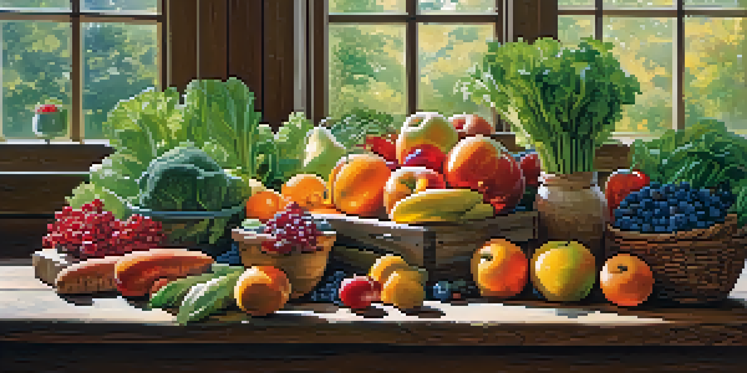 A variety of fresh raw fruits and vegetables arranged on a wooden table, illuminated by natural sunlight.