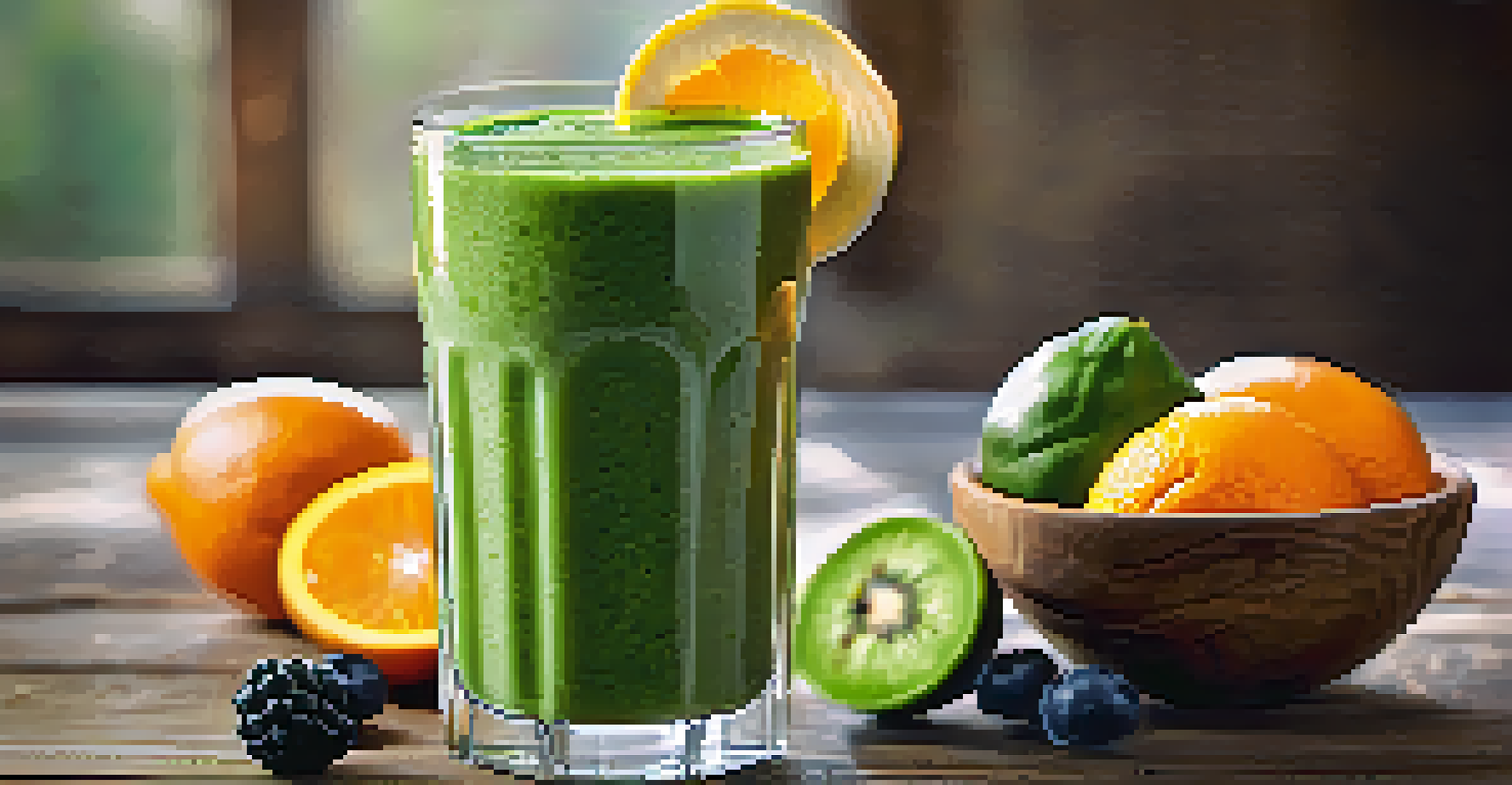 A glass of green smoothie with spinach and banana, garnished with an orange slice, placed on a wooden table with fresh berries in the background.