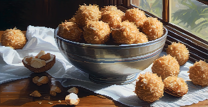 A bowl filled with raw coconut macaroons on a wooden table, with natural light highlighting their texture.