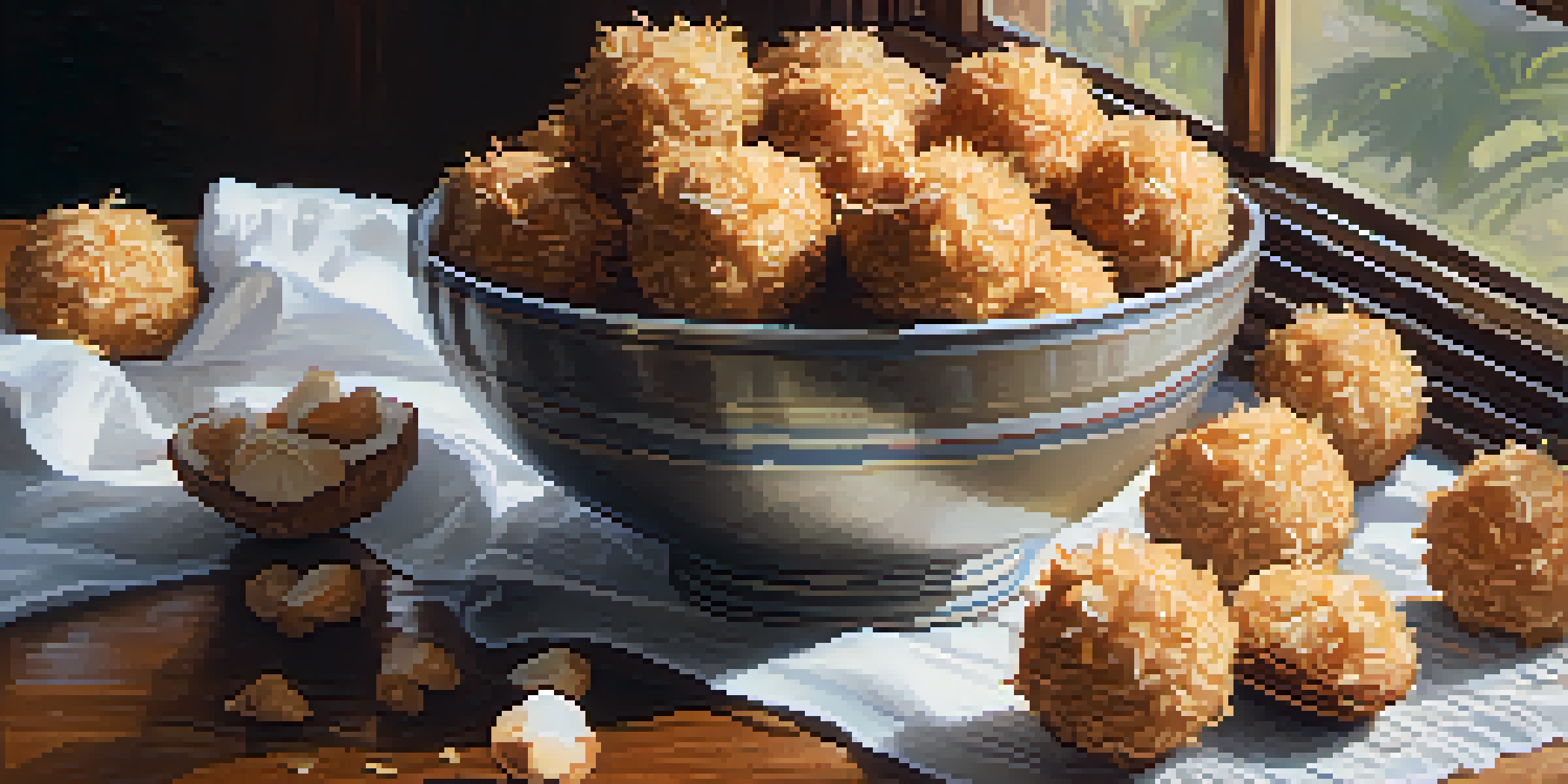 A bowl filled with raw coconut macaroons on a wooden table, with natural light highlighting their texture.