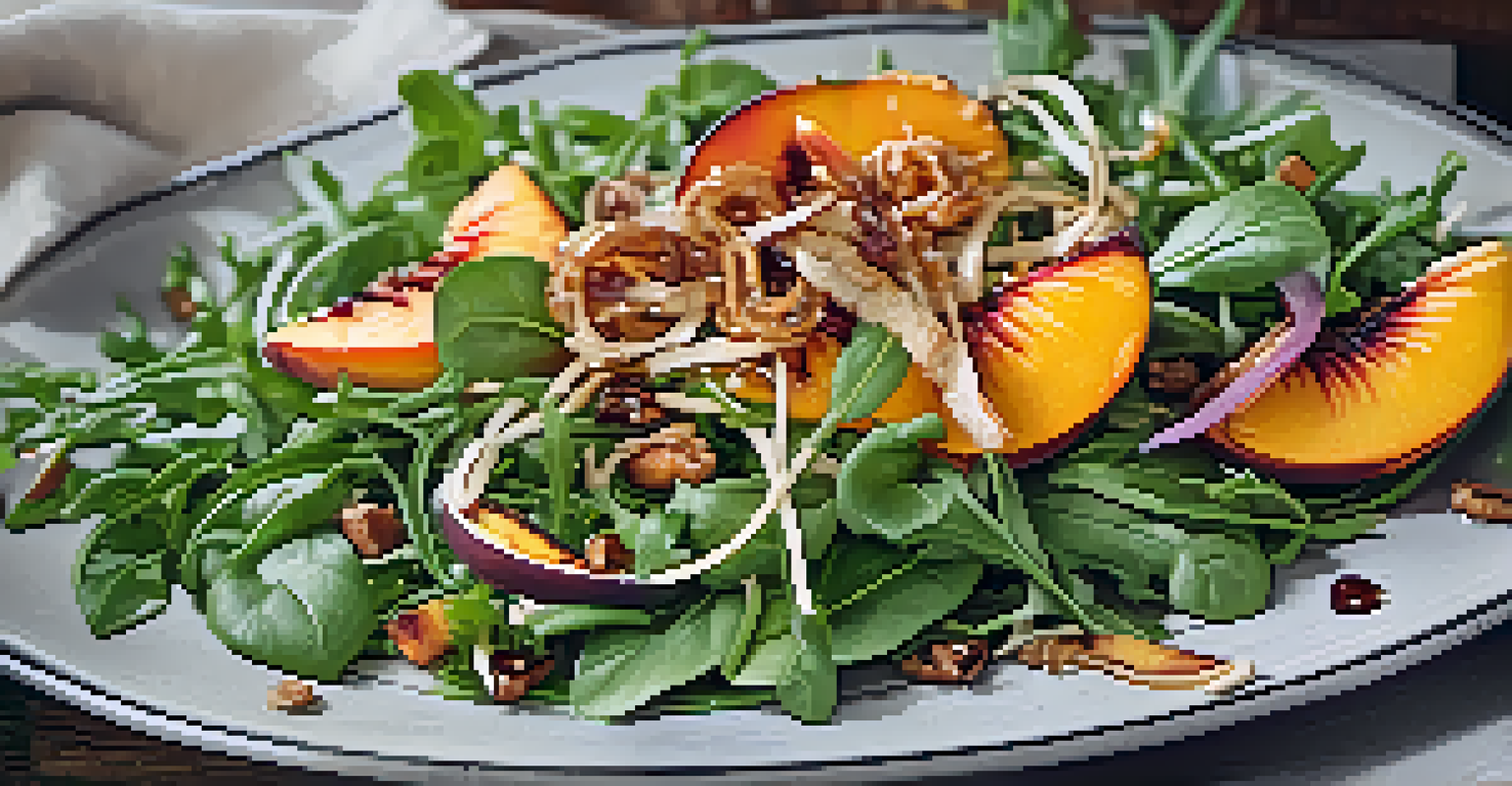 A salad with arugula, grilled peaches, and fried onions on a rustic plate in a garden setting.
