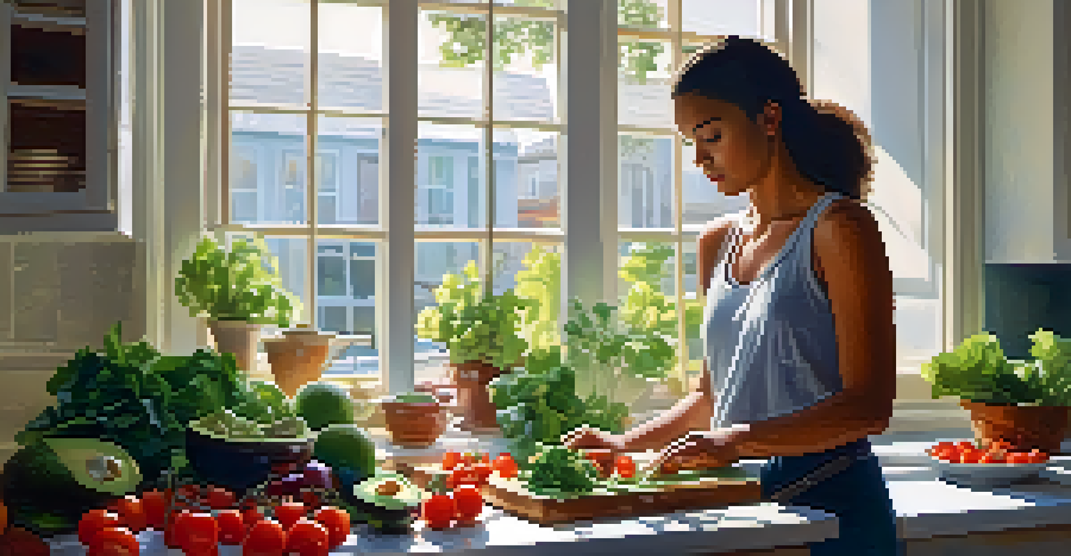 A woman in a kitchen preparing a raw salad with fresh vegetables on a countertop, bathed in warm sunlight.