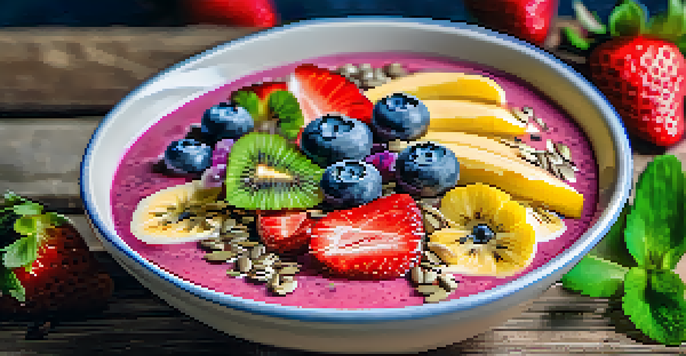 A smoothie bowl filled with fresh fruits and topped with edible flowers and seeds on a wooden table.