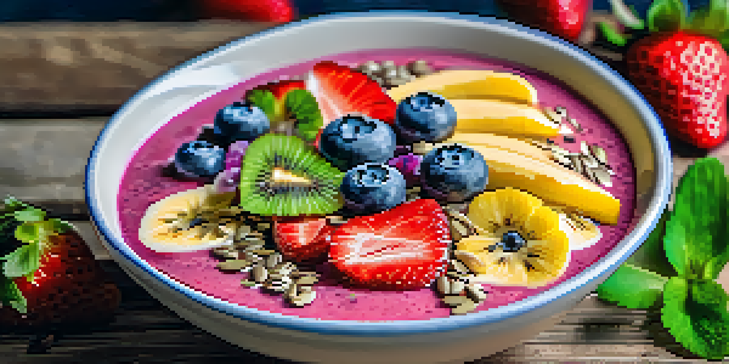 A smoothie bowl filled with fresh fruits and topped with edible flowers and seeds on a wooden table.