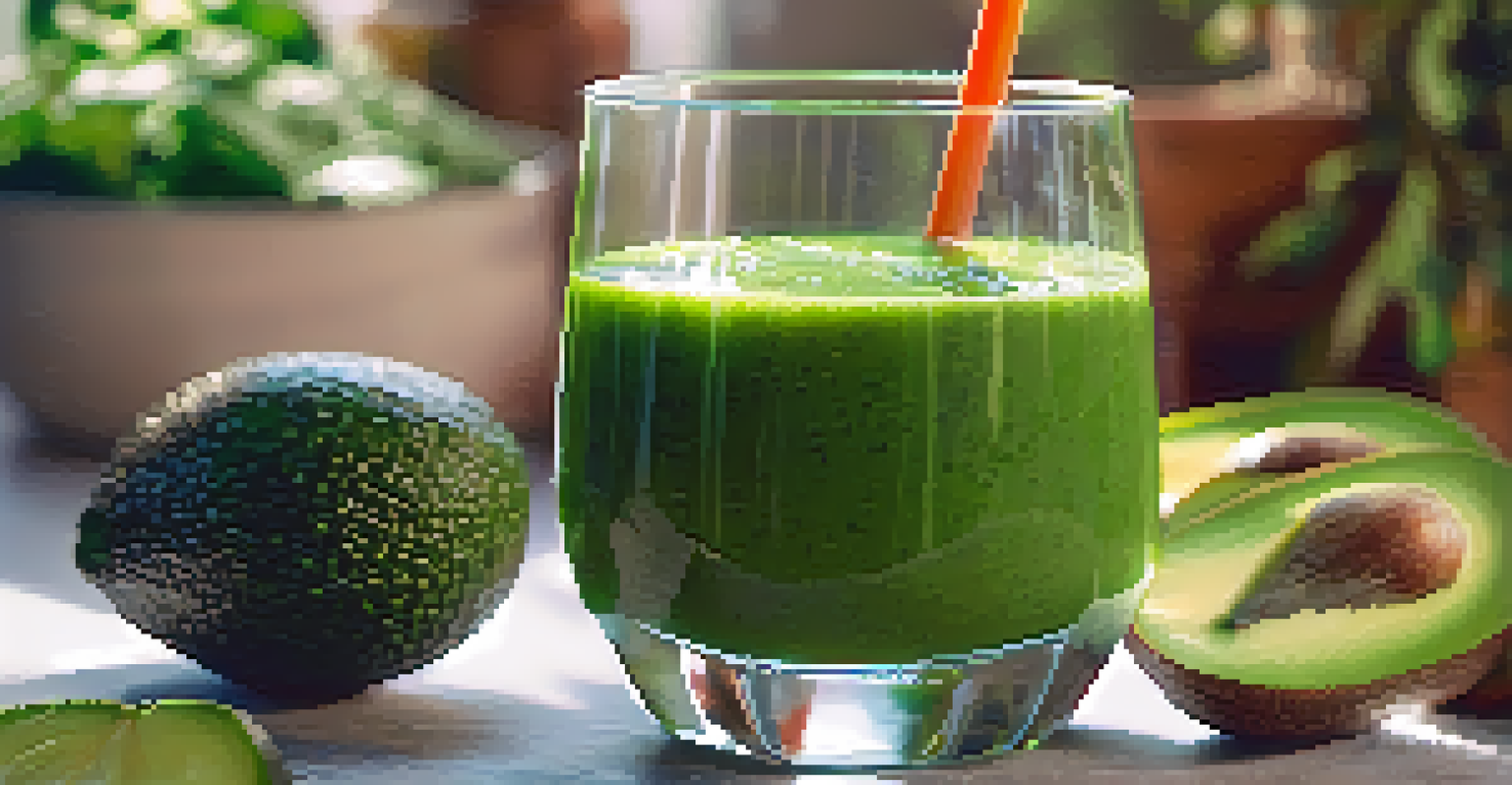 A close-up of a green smoothie in a clear glass, with kale, avocado, and kiwi slices around it, set against a softly blurred background.