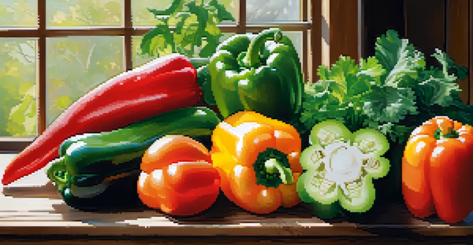 A variety of fresh raw vegetables, including bell peppers, carrots, cucumbers, and leafy greens, arranged on a wooden table with natural sunlight illuminating them.