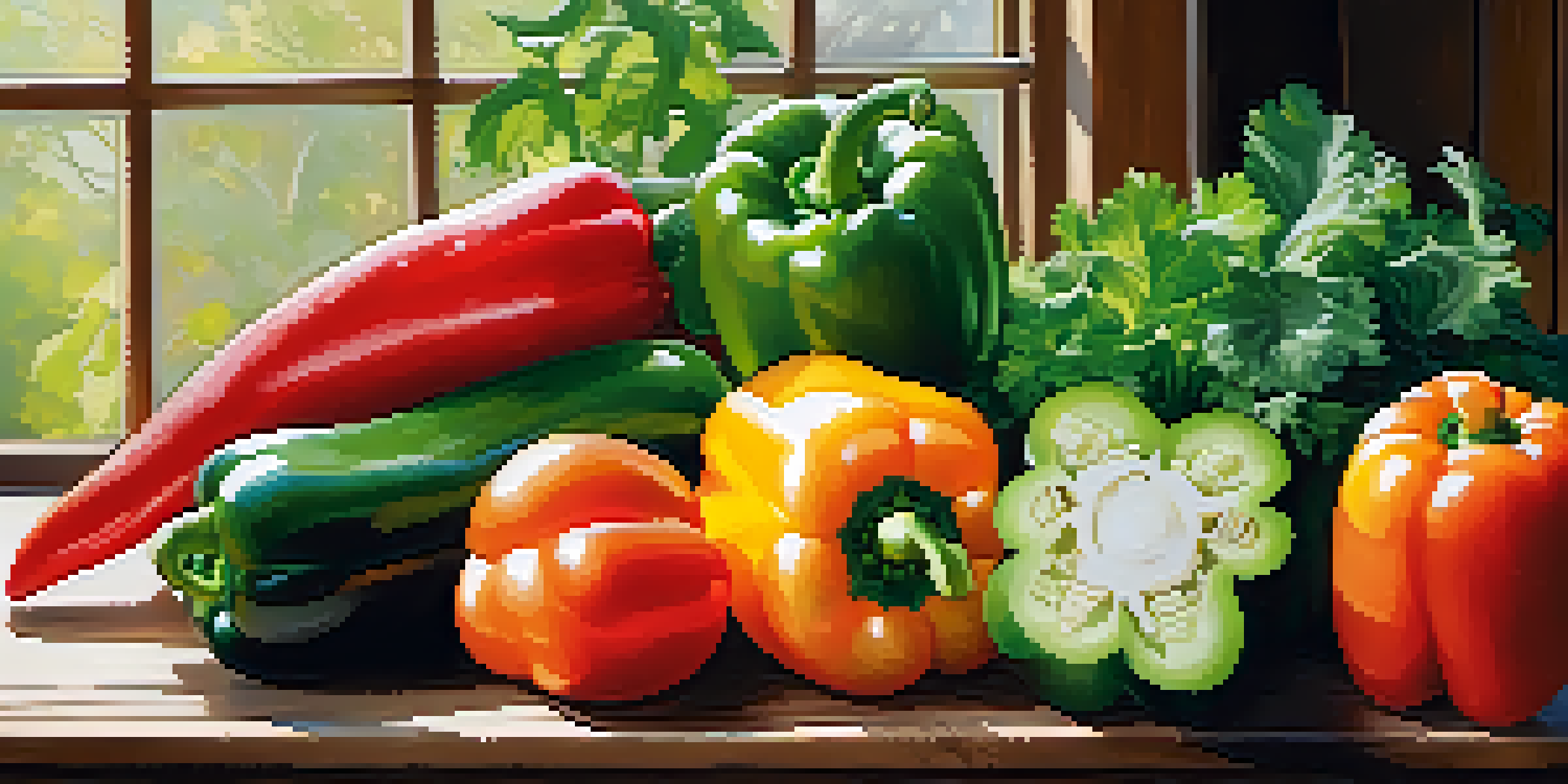 A variety of fresh raw vegetables, including bell peppers, carrots, cucumbers, and leafy greens, arranged on a wooden table with natural sunlight illuminating them.