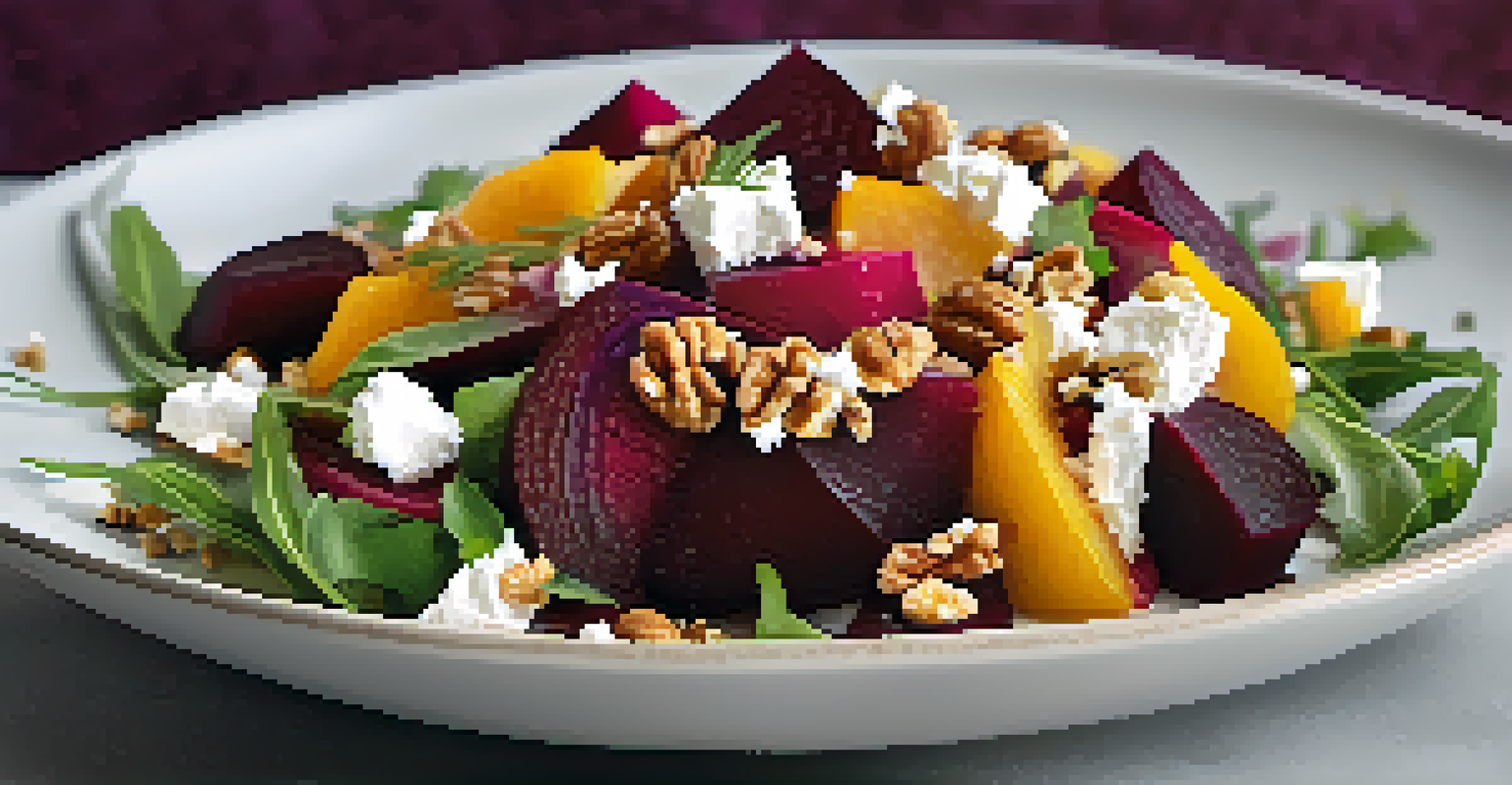 A close-up view of a beet salad with walnuts and goat cheese in a shallow bowl, showcasing bright colors and varied textures.