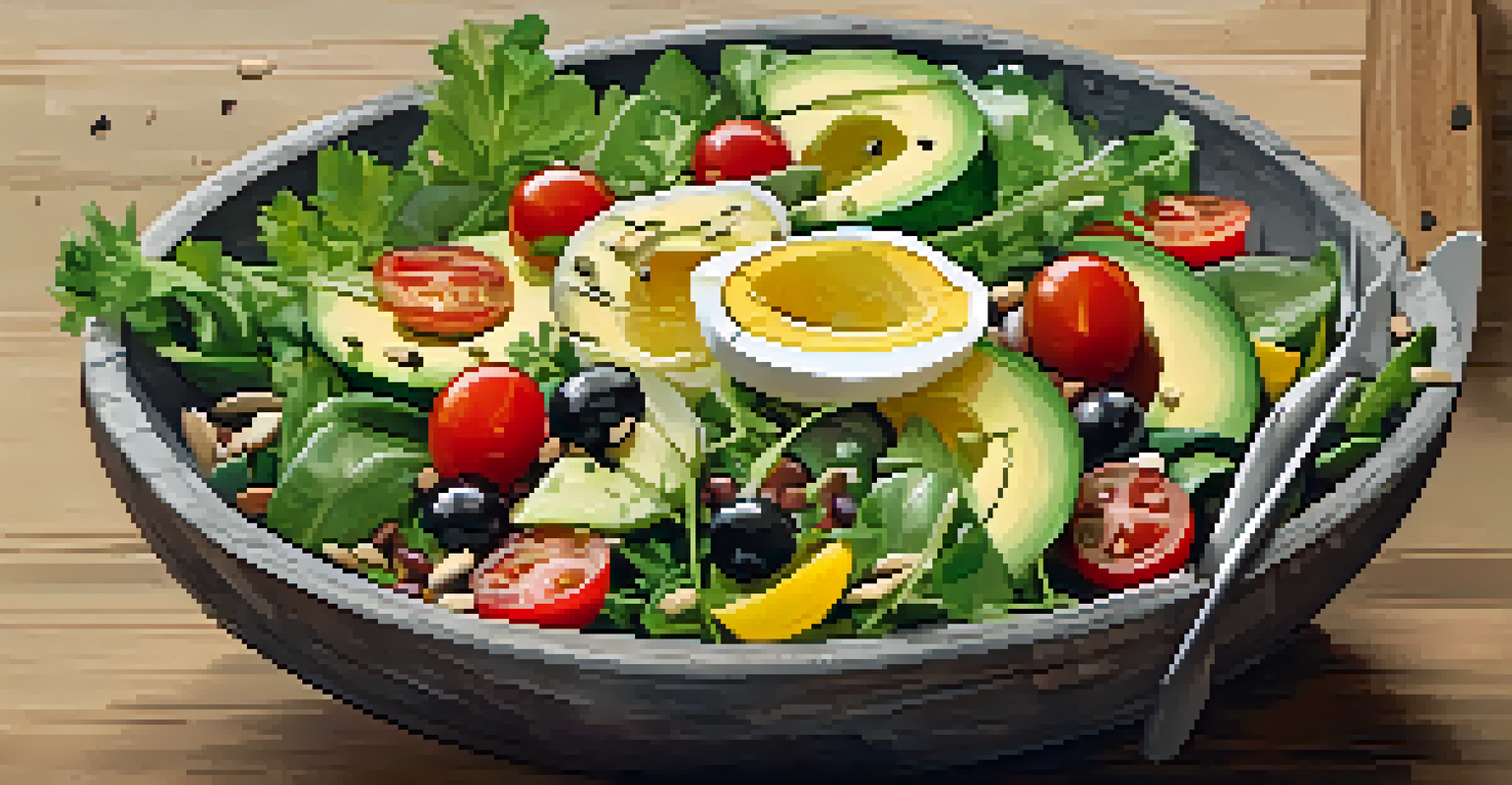 A rustic bowl filled with a colorful raw salad, featuring greens, tomatoes, cucumbers, and avocado, with a light dressing.