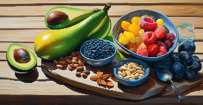 A diverse array of raw foods including fruits, vegetables, nuts, and seeds displayed on a wooden table with sunlight illuminating the scene.