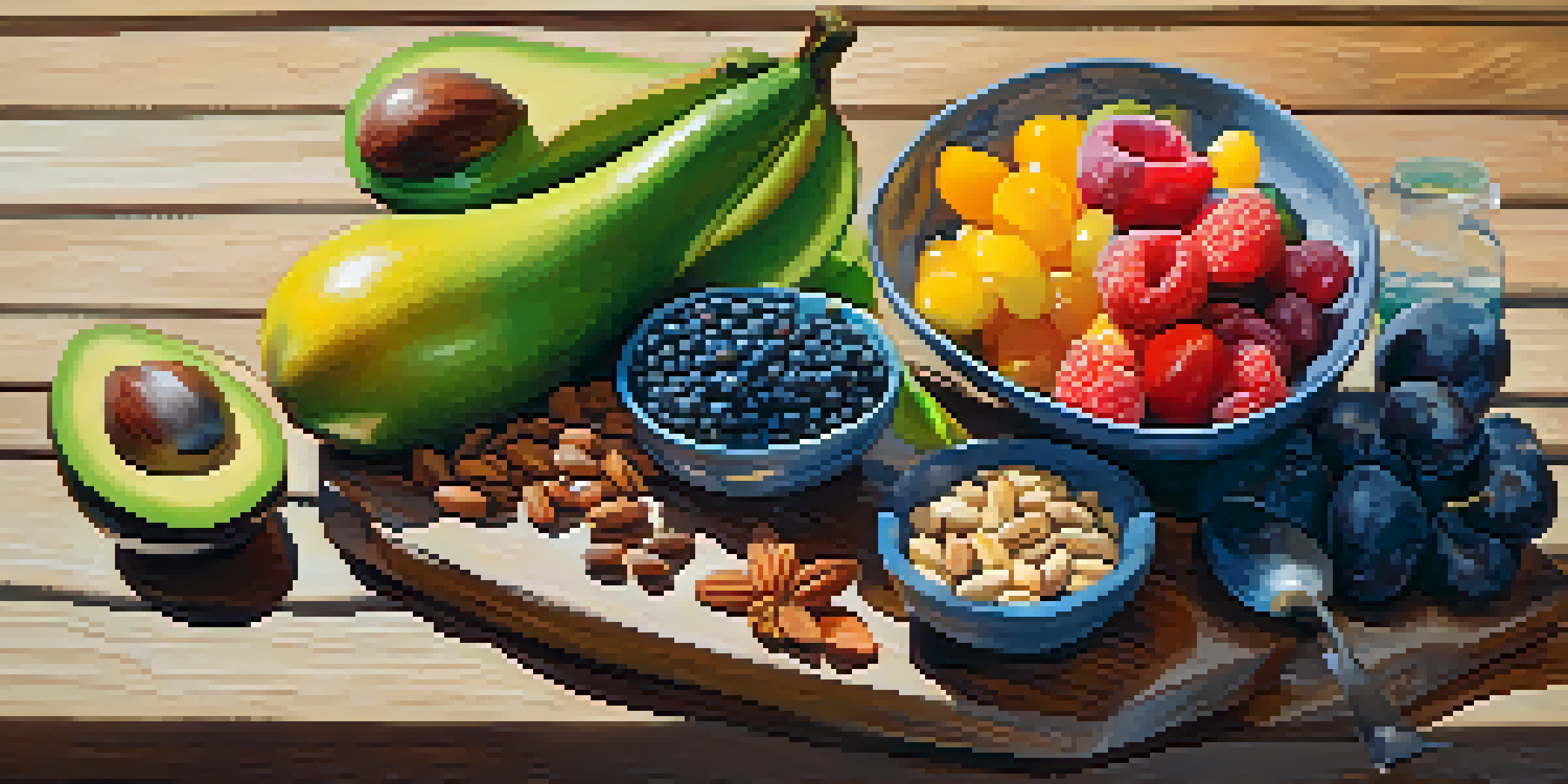 A diverse array of raw foods including fruits, vegetables, nuts, and seeds displayed on a wooden table with sunlight illuminating the scene.