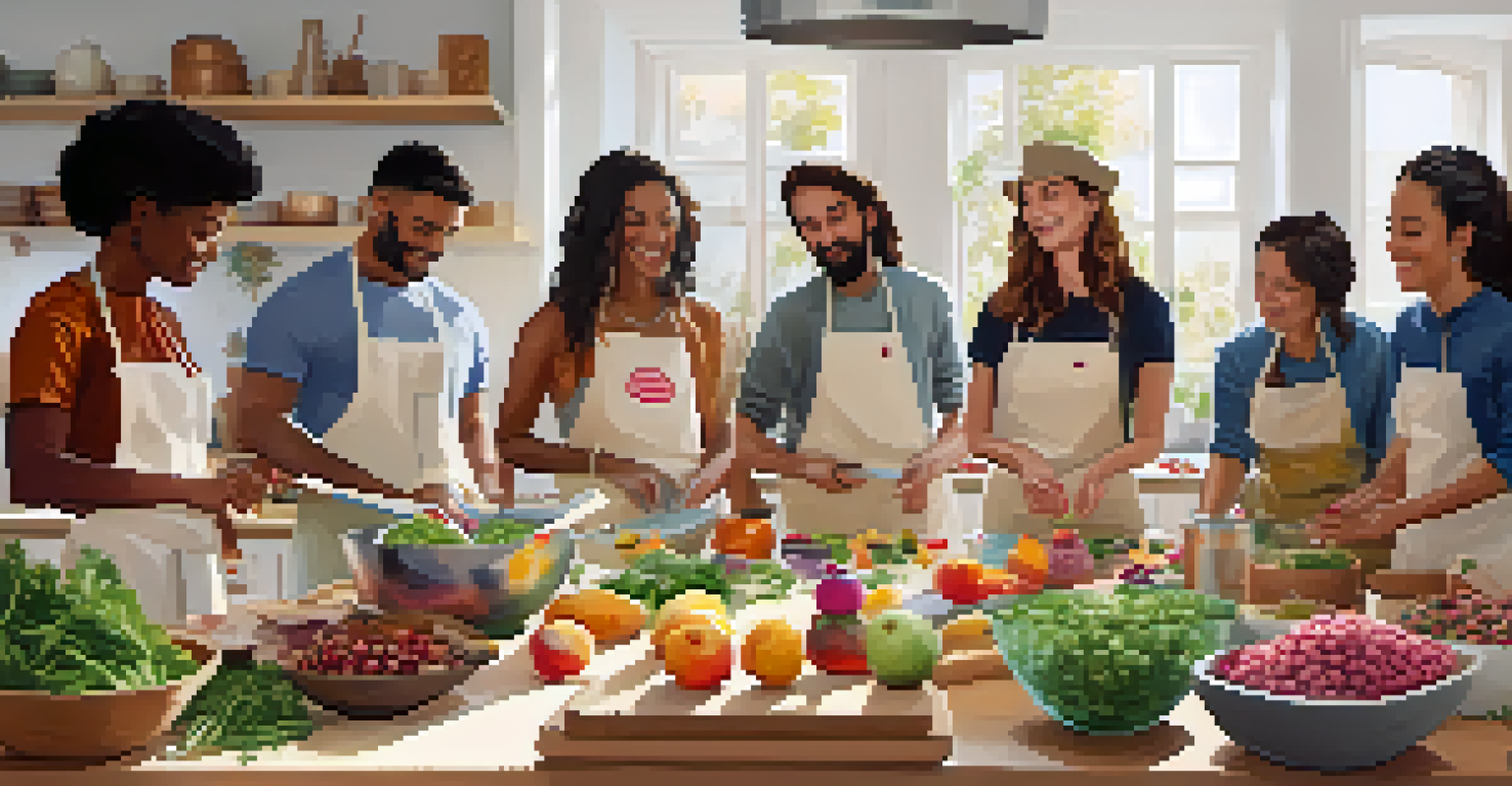 A diverse group of participants engaged in a raw food workshop, preparing colorful salads and energy balls in a bright kitchen.