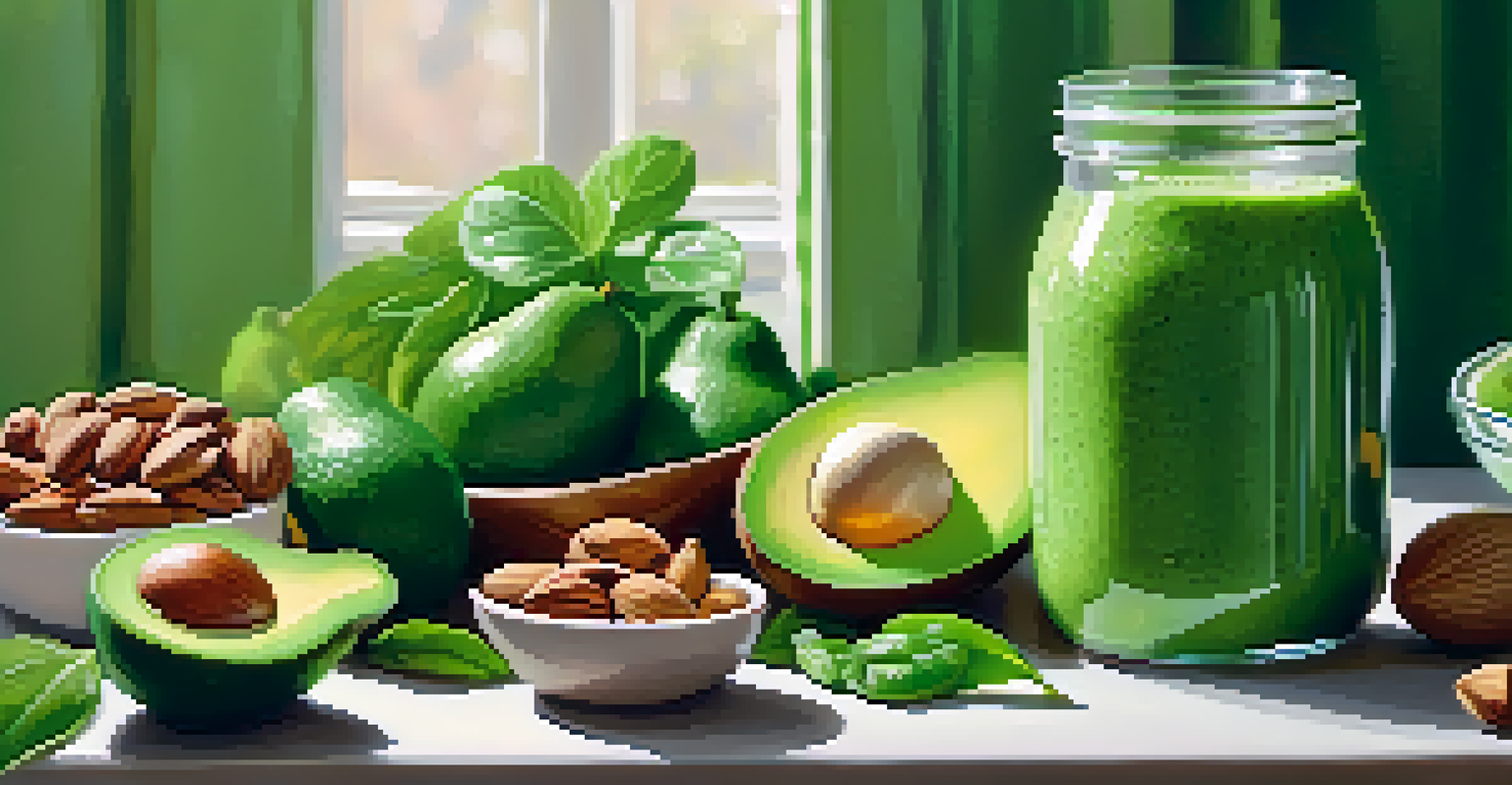 A close-up of a green smoothie in a jar, surrounded by fresh spinach, avocado, and nuts, with bright sunlight shining on the ingredients.