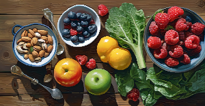 A colorful display of fresh raw foods including berries, leafy greens, nuts, and seeds on a wooden table with natural light.