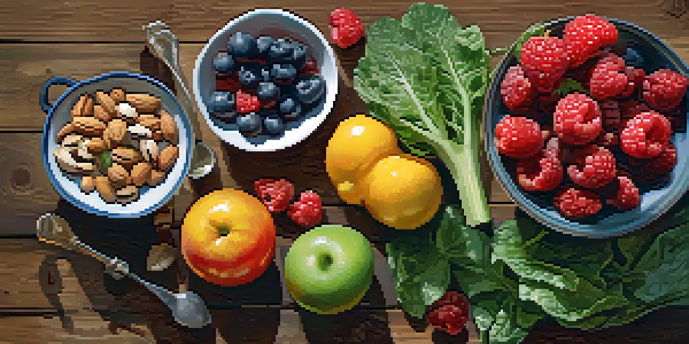 A colorful display of fresh raw foods including berries, leafy greens, nuts, and seeds on a wooden table with natural light.