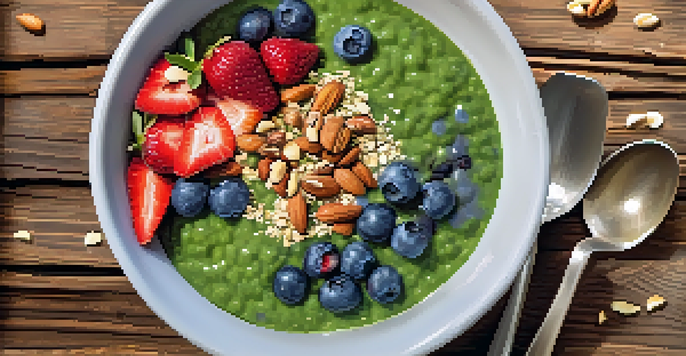 A colorful smoothie bowl with spinach, blueberries, strawberries, nuts, and seeds on a wooden table, surrounded by fresh fruits.