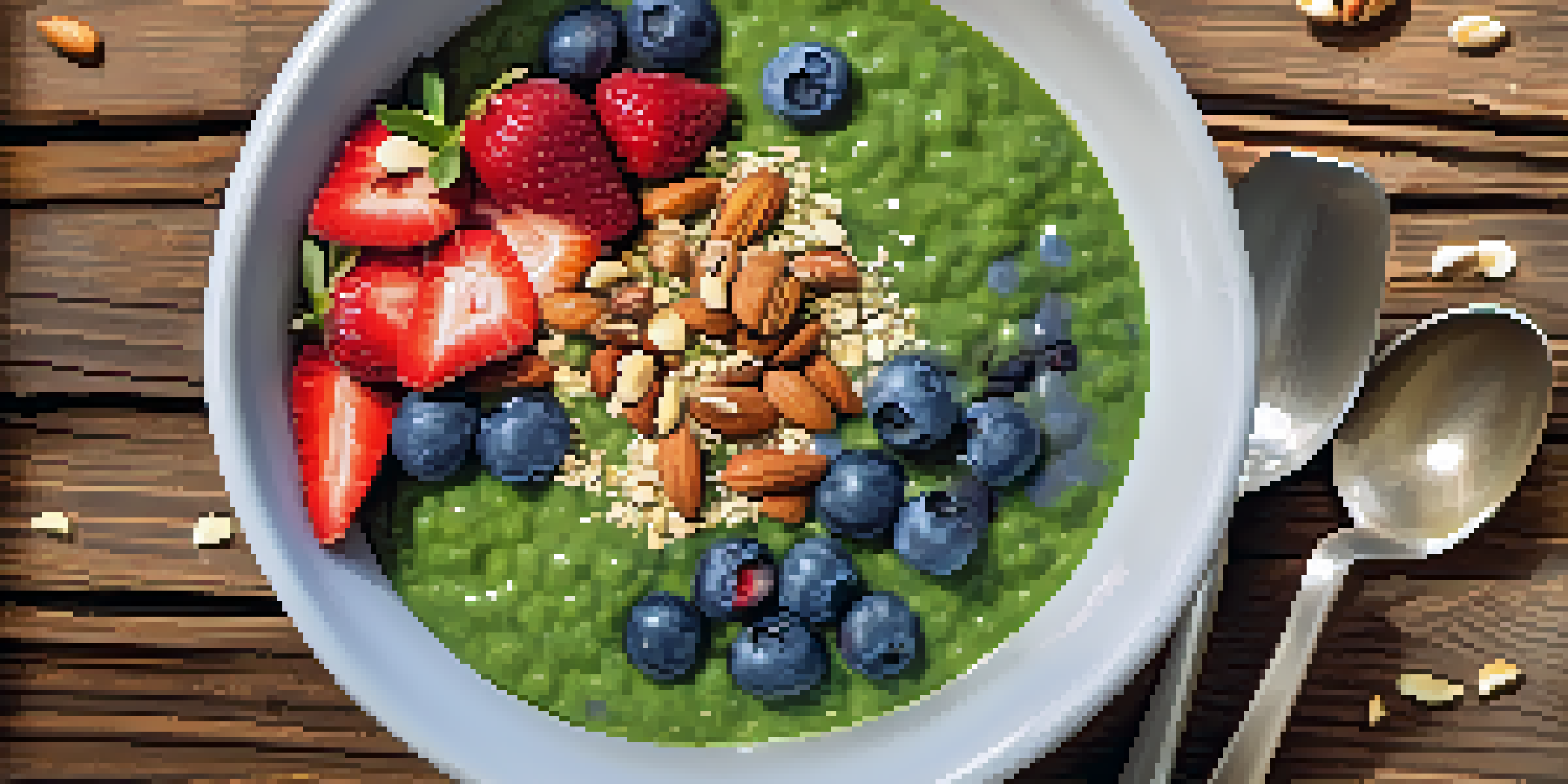 A colorful smoothie bowl with spinach, blueberries, strawberries, nuts, and seeds on a wooden table, surrounded by fresh fruits.