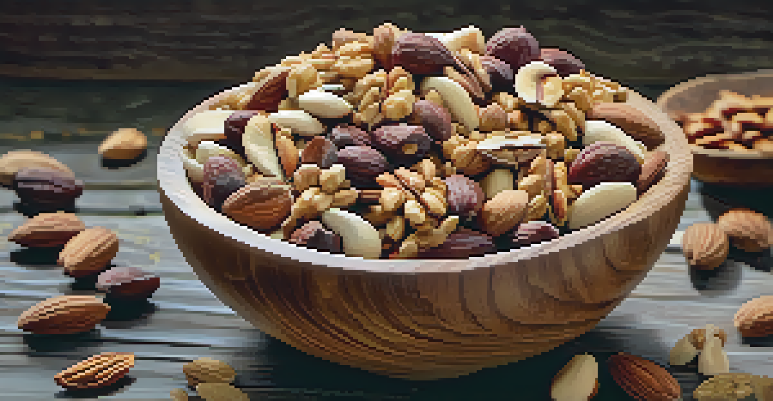 A close-up view of a wooden bowl filled with a mix of raw nuts and seeds, showcasing their textures and colors.