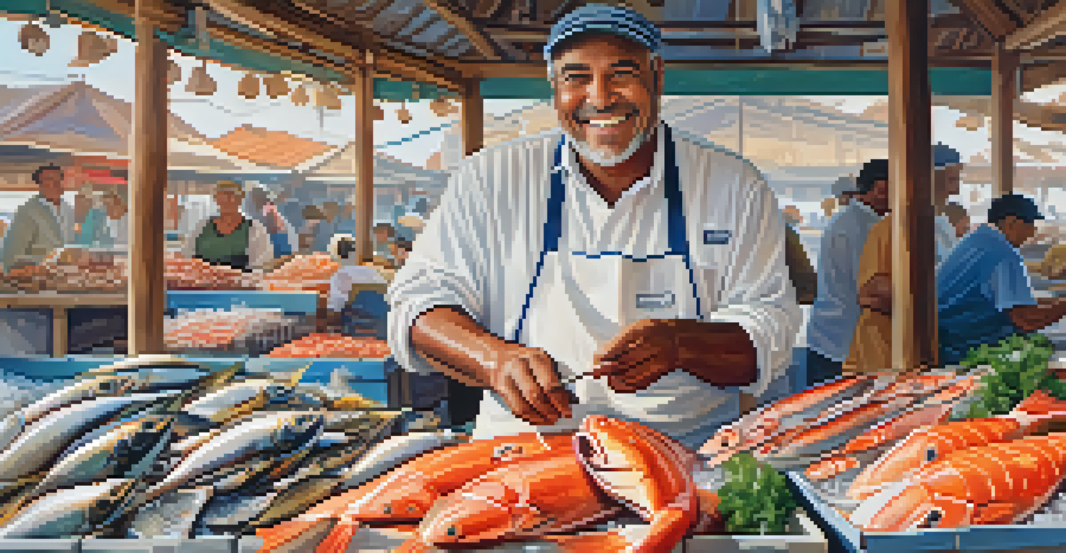 A smiling fishmonger displaying fresh seafood at a local market, surrounded by colorful fish and shellfish on ice.