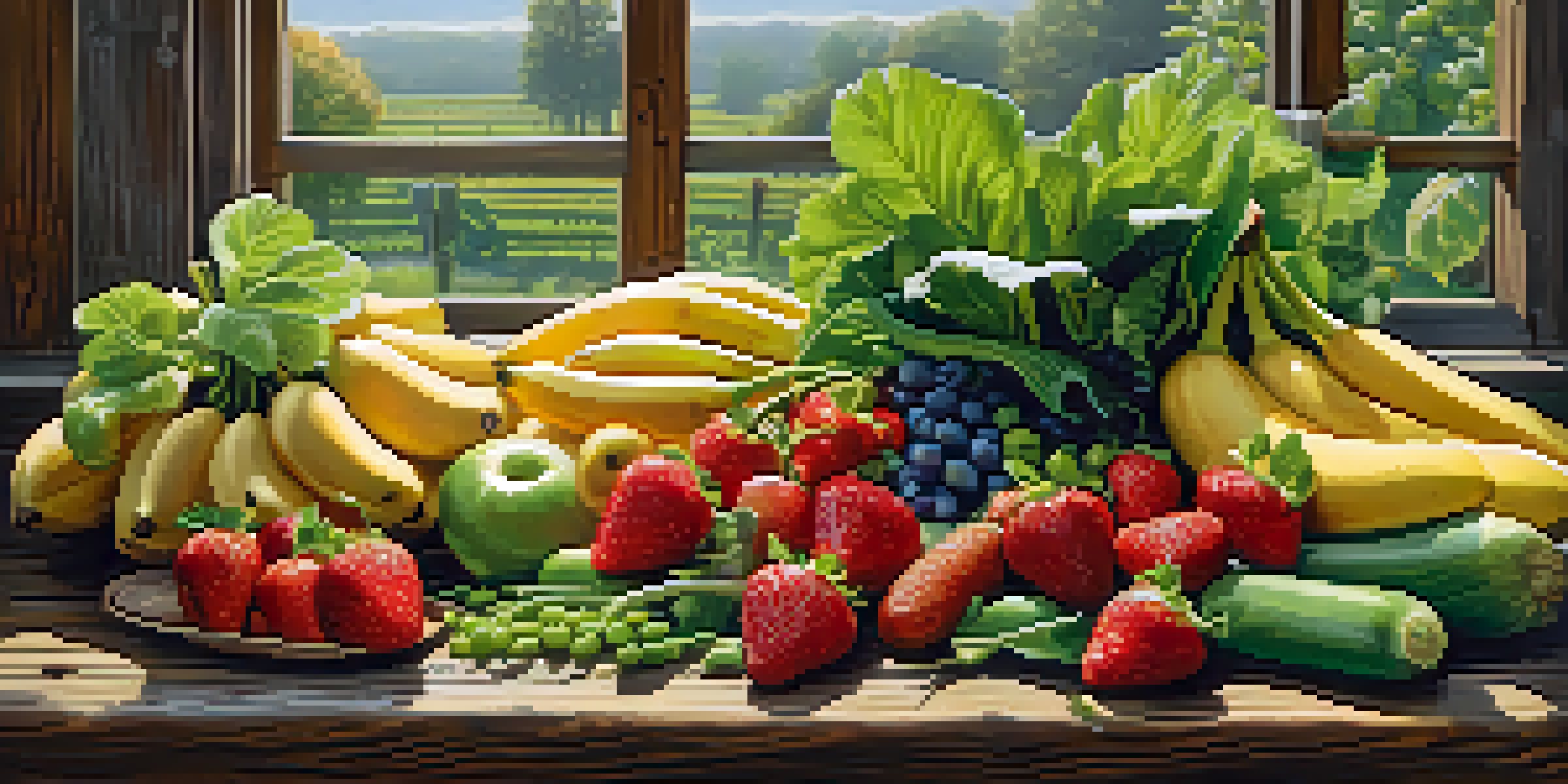 A colorful assortment of fresh fruits and vegetables on a wooden table, illuminated by soft natural light.