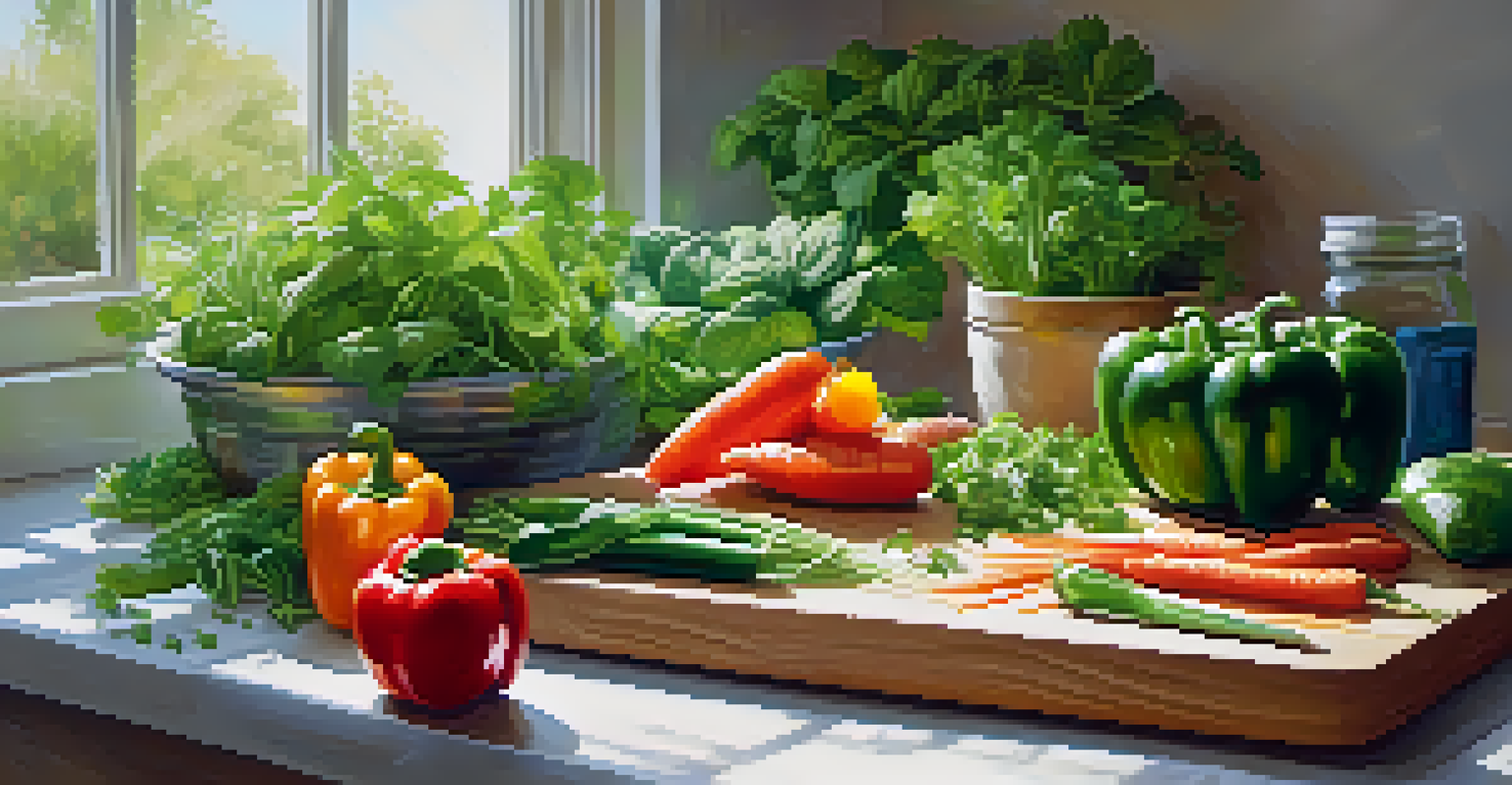 A person chopping colorful vegetables for a raw vegan meal outdoors, surrounded by fresh herbs and greenery.