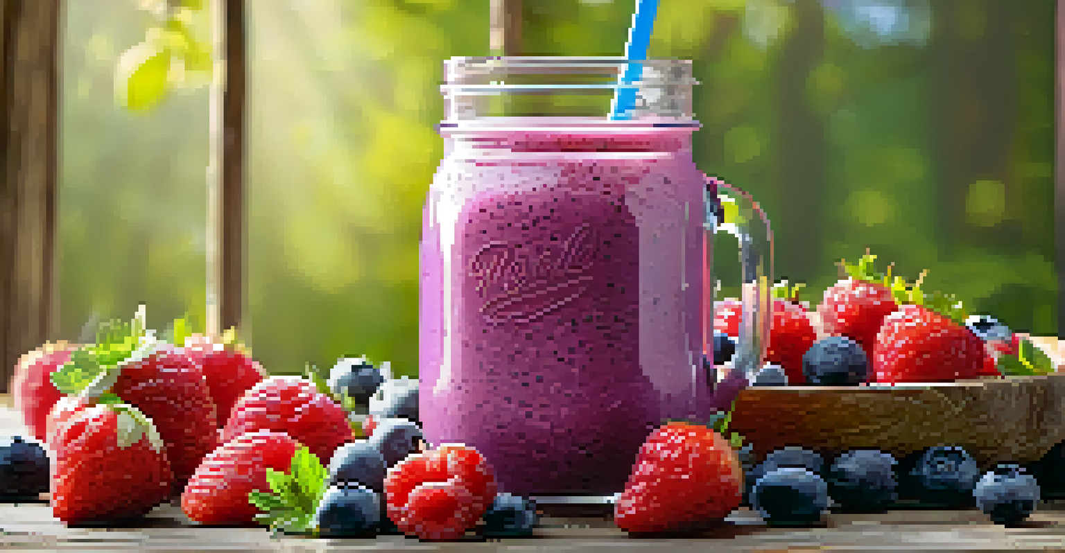 A glass jar filled with a berry smoothie topped with chia seeds and whole berries, placed on a rustic wooden surface with colorful cloth.