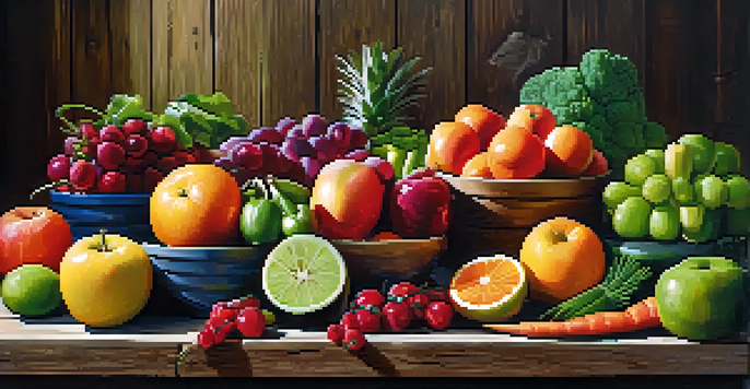 A table filled with a variety of fresh fruits and vegetables, illuminated by natural light, showcasing a healthy detox theme.