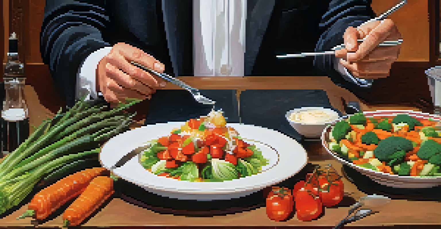 A judge's hands holding a fork above a creatively plated raw food dish, with a notepad and other dishes visible in the background.